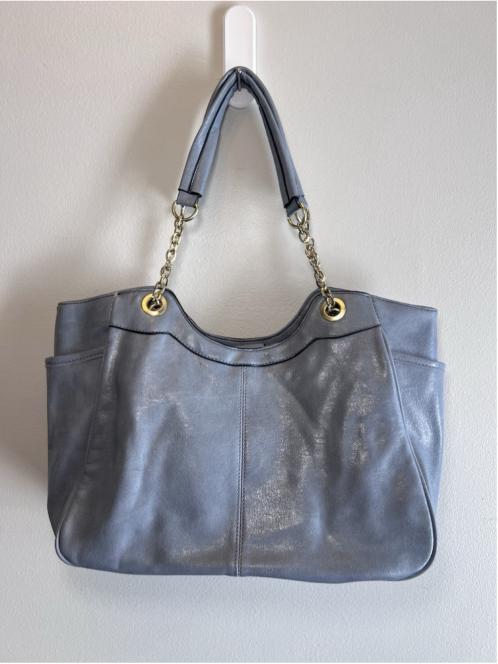 Baby Blue Faux Leather Handbag Purse Shoulder Tote Gold Tone Chain Links - Picture 2 of 16
